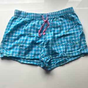 Black Dog Plaid Blue PJ Shorts, Green dog embroidery, adjustable strings Size M